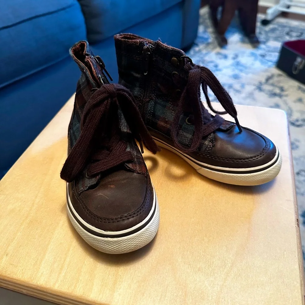 Brown and Plaid High Top Preppy Little Boys Shoes